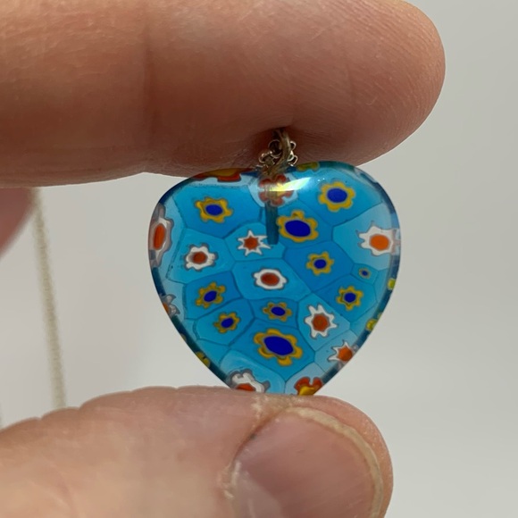 MILLEFIORI Blue Glass Heart Flower Pendant 1" w Sterling Silver 925 18" Chain - Picture 2 of 7